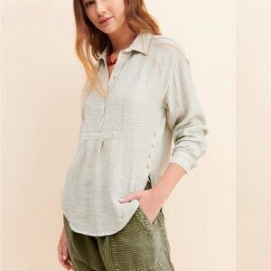 Anthropologie Collared Cream/Blue Striped Button-Up Shirt